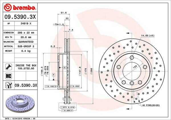 brembo XTRA BRAKE DISC BMW 3シリーズ E46(セダン) AM20/AV22 1999/06〜2005/03 フロント左右セット 09.5390.3X