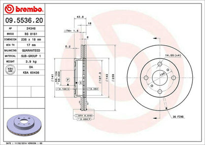 brembo BRAKE DISC トヨタ スターレット EP91 1996/01〜1997/04 フロント左右セット 09.5536.20