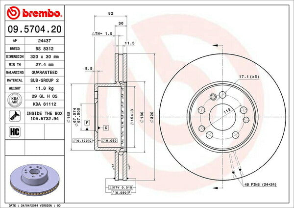 brembo BRAKE DISC MERCEDES BENZ Sクラス W140 140028 1994/08〜1998/10 フロント左右セット 09.5704.20