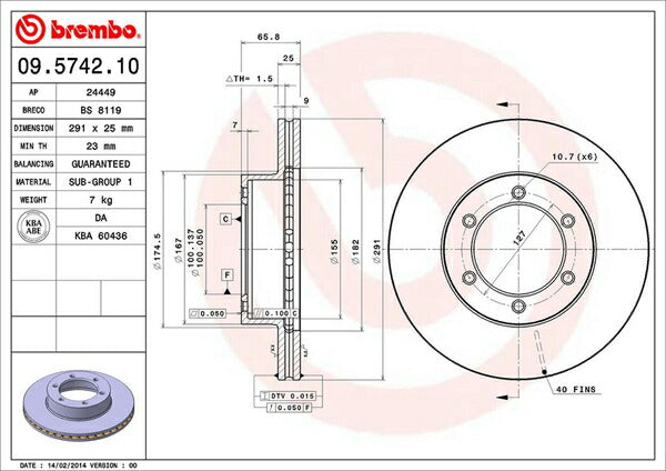 brembo BRAKE DISC トヨタ ハイラックスサーフ LN130G/VZN130G 1991/08〜1997/08 フロント左右セット 09.5742.10