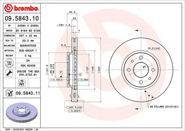 brembo BRAKE DISC FIAT 500/500C 31214 2008/03〜 フロント左右セット 09.5843.11