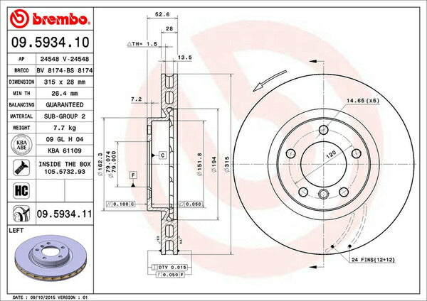 brembo BRAKE DISC BMW 3シリーズ E36 M3B/M3C 1992/03〜2000 フロント左右セット 09.5934.11