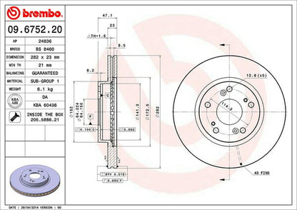 brembo BRAKE DISC ホンダ ストリームアブソルート RN1 2000/10〜2006/07 フロント左右セット 09.6752.20