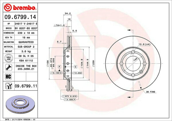 brembo BRAKE DISC VOLKSWAGEN ポロ 6NAEE 1996/08〜2000/04 フロント左右セット 09.6799.11