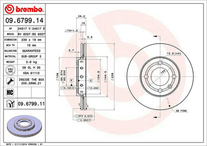 brembo BRAKE DISC VOLKSWAGEN ポロ 6NAEE 1996/08〜2000/04 フロント左右セット 09.6799.11