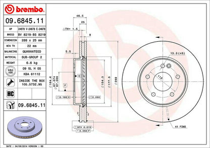 brembo BRAKE DISC MERCEDES BENZ Eクラス W210(セダン) 210061 1999/08〜2000/08 フロント左右セット 09.6845.11
