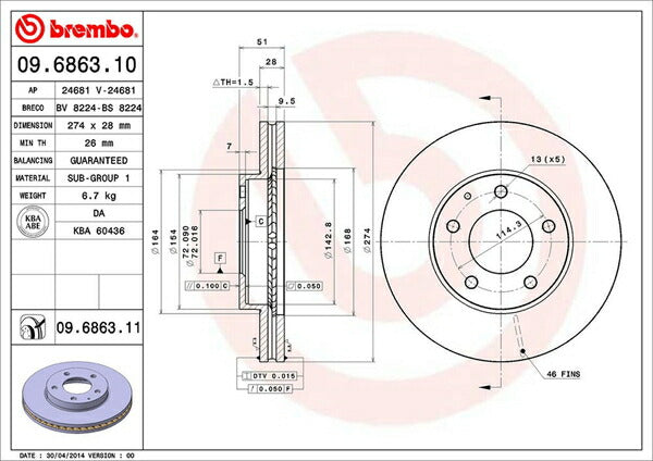 brembo BRAKE DISC マツダ MPV LW3W 2004/12〜2006/02 フロント左右セット 09.6863.11