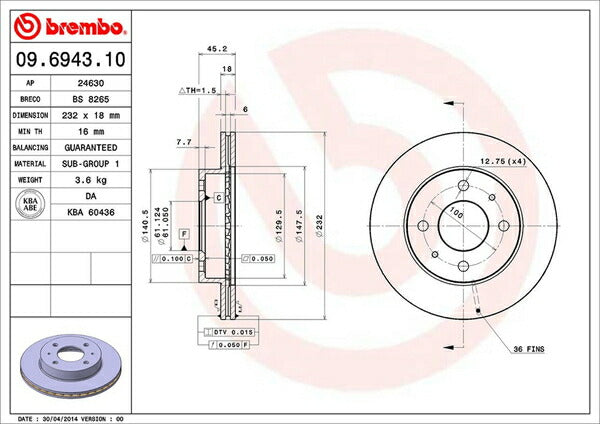 brembo BRAKE DISC ニッサン パルサー/エクサ/リベルタビラ FN15 1997/09〜2000/08 フロント左右セット 09.6943.10