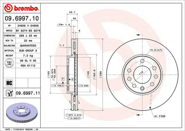 brembo BRAKE DISC SAAB 9-5 EB235 1997/06〜2011/03 フロント左右セット 09.6997.11