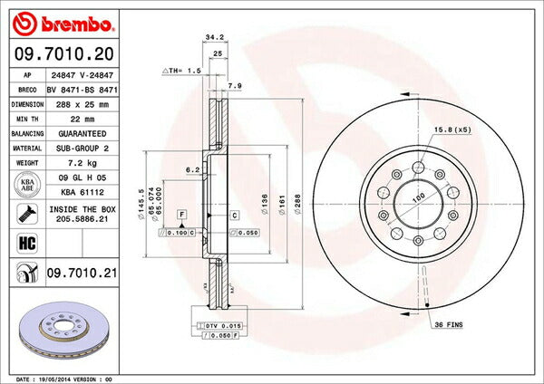 brembo BRAKE DISC VOLKSWAGEN ゴルフIV 1JAUM 2003〜2006 フロント左右セット 09.7010.21