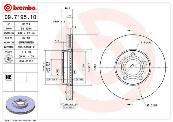 brembo BRAKE DISC VOLKSWAGEN パサート(B5) 3BAEB/3BAPU 1997/08〜2001/09 フロント左右セット 09.7195.10