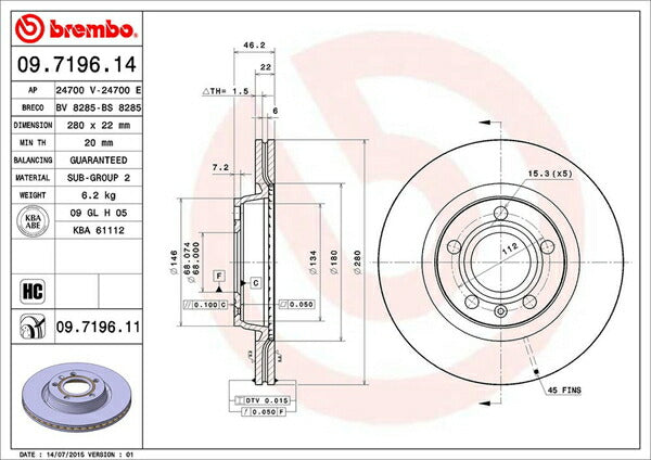 brembo BRAKE DISC VOLKSWAGEN パサート(B5) 3BADR/3BAPT 1997/08〜2001/09 フロント左右セット 09.7196.11