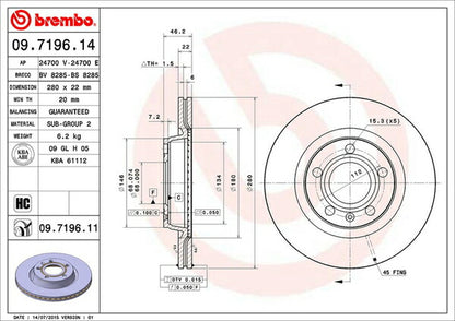 brembo BRAKE DISC VOLKSWAGEN パサート(B5) 3BADR/3BAPT 1997/08〜2001/09 フロント左右セット 09.7196.11