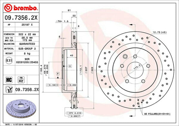 brembo XTRA BRAKE DISC ニッサン スカイライン CPV35 2003/01〜2007/10 リア左右セット 09.7356.2X