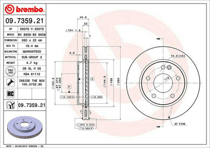 brembo BRAKE DISC MERCEDES BENZ Aクラス W168 168033 1997〜2005/02 フロント左右セット 09.7359.21