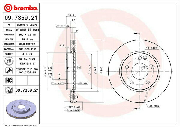 brembo BRAKE DISC MERCEDES BENZ Aクラス W168 168133 2001/10〜2005/02 フロント左右セット 09.7359.21