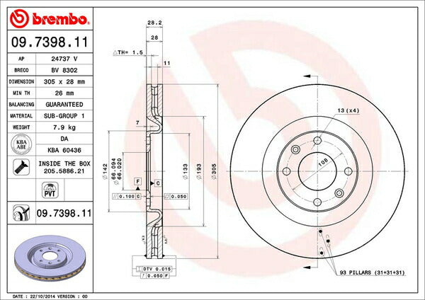 brembo BRAKE DISC PEUGEOT 406 D9CPV 1997〜2000 フロント左右セット 09.7398.11