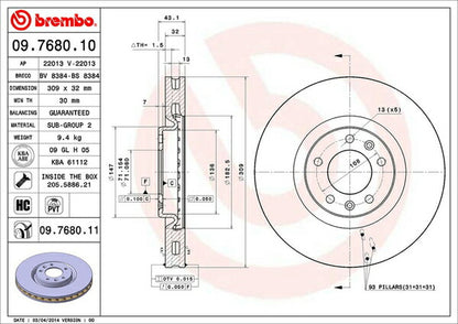 brembo BRAKE DISC PEUGEOT 607 Z8/Z8XFX 2002/03〜 フロント左右セット 09.7680.11