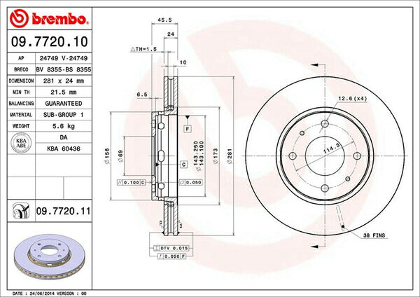 brembo BRAKE DISC VOLVO S40 4B4184/4B4194/4B4204 1997/09〜2004 フロント左右セット 09.7720.11