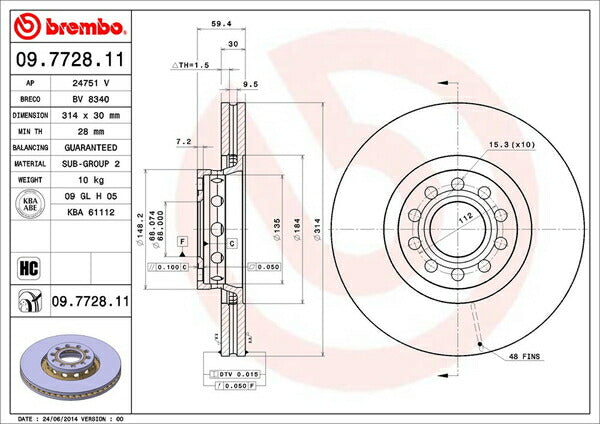 brembo BRAKE DISC AUDI A8 4DAEW/4DABZ 1995〜1998/09 フロント左右セット 09.7728.11