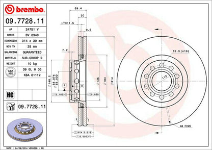brembo BRAKE DISC AUDI A8 4DAEW/4DABZ 1995〜1998/09 フロント左右セット 09.7728.11