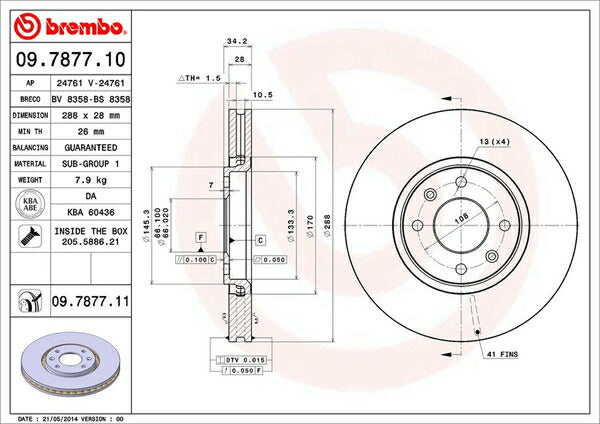brembo BRAKE DISC CITROEN C5 ブレーキツアラー X4XFX/X4XFXW/X3XFU 2001/07〜2008/10 フロント左右セット 09.7877.11