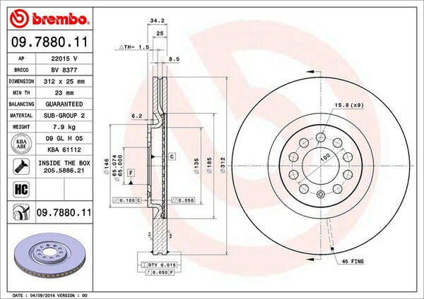brembo BRAKE DISC AUDI S3 8LAMKF/8LBAMF 2001/01〜2003/09 フロント左右セット 09.7880.11