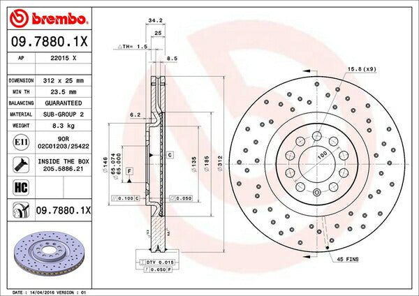 brembo XTRA BRAKE DISC AUDI TT 8NAPXF/8NBAMF 1999〜2006 フロント左右セット 09.7880.1X