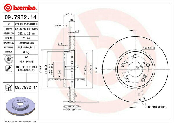 brembo BRAKE DISC ホンダ アコードワゴン CM1 2002/11〜2008/12 フロント左右セット 09.7932.11