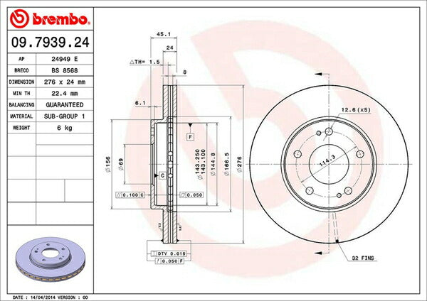 brembo BRAKE DISC ミツビシ レグナム EA3W 1998/08〜2000/04 フロント左右セット 09.7939.24