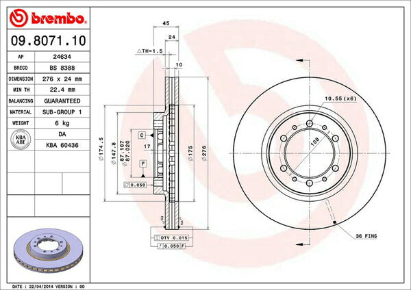 brembo BRAKE DISC ミツビシ パジェロ V24WG 1993/07〜1999/06 フロント左右セット 09.8071.10