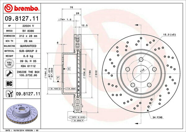 brembo BRAKE DISC MERCEDES BENZ Sクラス W220 220070 1998/11〜2002/09 フロント左右セット 09.8127.11