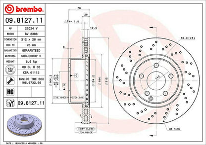 brembo BRAKE DISC MERCEDES BENZ CL W215 215375 2002/11〜2006/10 フロント左右セット 09.8127.11