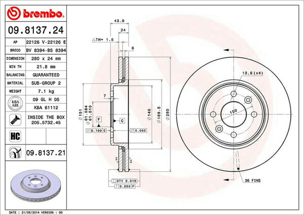 brembo BRAKE DISC RENAULT メガーヌII MK4M/MK4MM/MF4/MF4M 2004/10〜 フロント左右セット 09.8137.21