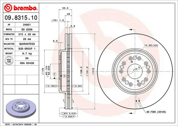 brembo BRAKE DISC トヨタ セルシオ UCF20/UCF21 1994/10〜2000/08 フロント左右セット 09.8315.10