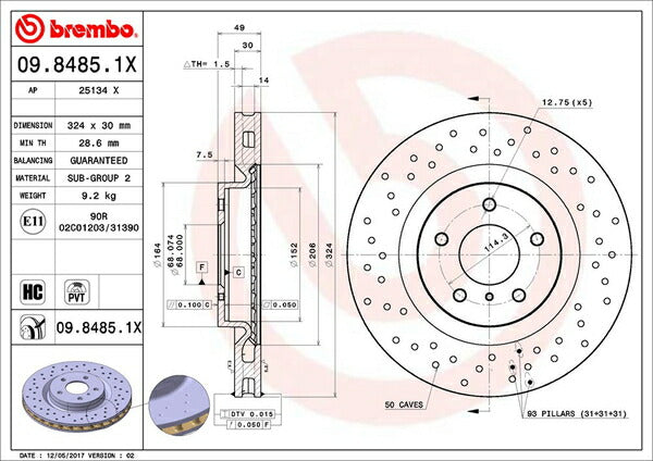 brembo XTRA BRAKE DISC ニッサン フェアレディZ Z33/HZ33 2005/09〜2008/12 フロント左右セット 09.8485.1X