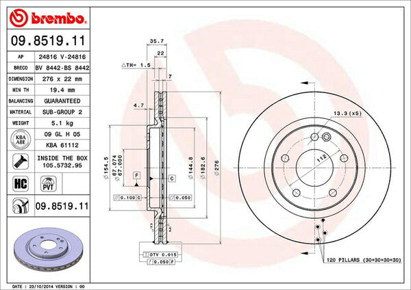 brembo BRAKE DISC MERCEDES BENZ Aクラス W168 168035/168135 2002〜2004 フロント左右セット 09.8519.11