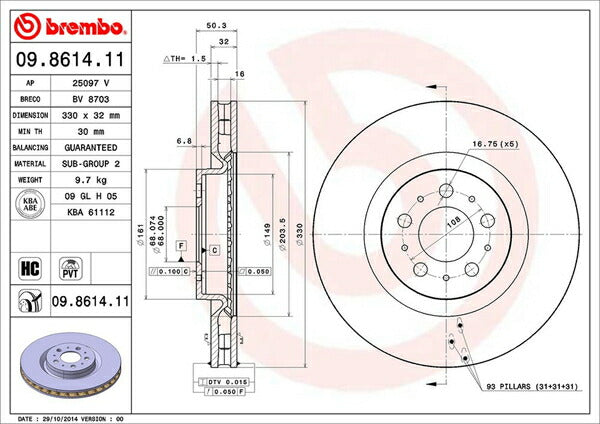 brembo BRAKE DISC VOLVO V70(II) SB5254AW 2003/05〜2007/11 フロント左右セット 09.8614.11