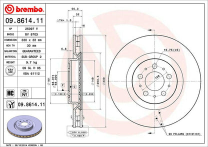 brembo BRAKE DISC VOLVO V70(II) SB5254AW 2003/05〜2007/11 フロント左右セット 09.8614.11