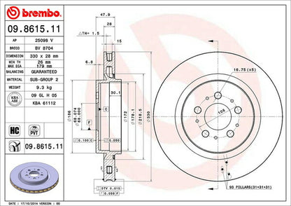 brembo BRAKE DISC VOLVO V70(II) SB5254AW 2003/05〜2007/11 リア左右セット 09.8615.11