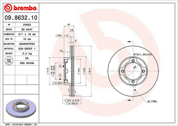 brembo BRAKE DISC ダイハツ ミラ L200S 1991/05〜1995/01 フロント左右セット 09.8632.10