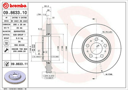 brembo BRAKE DISC VOLVO V70(II) SB5244W 2000/04〜2007/11 フロント左右セット 09.8633.11