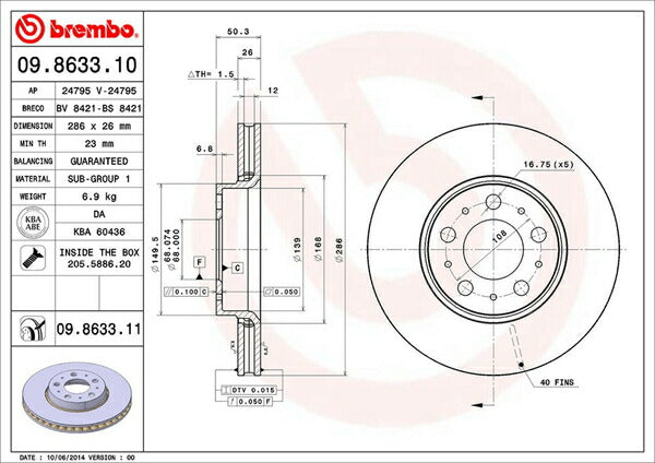 brembo BRAKE DISC VOLVO S60 RB5244 2001/01〜2011/03 フロント左右セット 09.8633.11