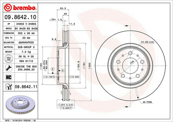 brembo BRAKE DISC VOLVO S70 8B5254 1997〜2000 フロント左右セット 09.8642.11