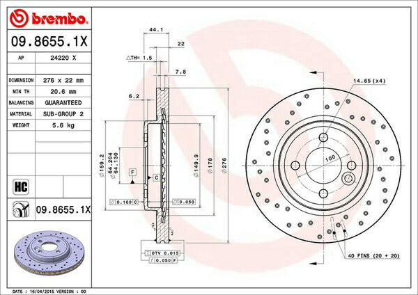 brembo XTRA BRAKE DISC MINI R50/R52/R53 RA16/RE16/RF16/RH16 2002/03〜2006/07 フロント左右セット 09.8655.1X