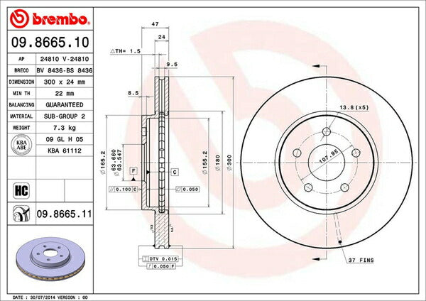 brembo BRAKE DISC JAGUAR Xタイプ J51YA/J51YB 2004/09〜 フロント左右セット 09.8665.11