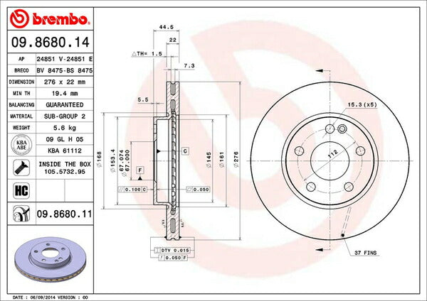 brembo BRAKE DISC MERCEDES BENZ Aクラス W169 169032/169033 2005/02〜2012/12 フロント左右セット 09.8680.11