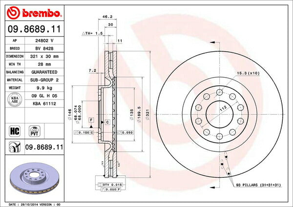 brembo BRAKE DISC AUDI S4 8DAGBF 1998〜1999/06 フロント左右セット 09.8689.11