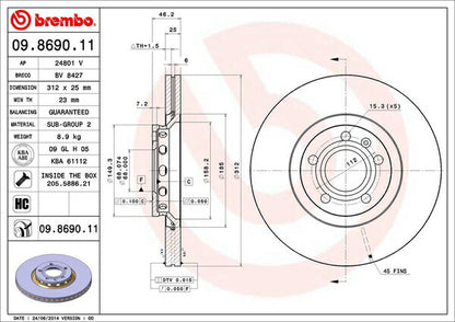 brembo BRAKE DISC AUDI A4(B6) 8EASNF 2001/06〜2005/02 フロント左右セット 09.8690.11