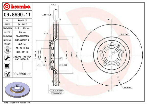 brembo BRAKE DISC AUDI A6セダン(C5) 4BAPRF 1999/09〜2001/11 フロント左右セット 09.8690.11